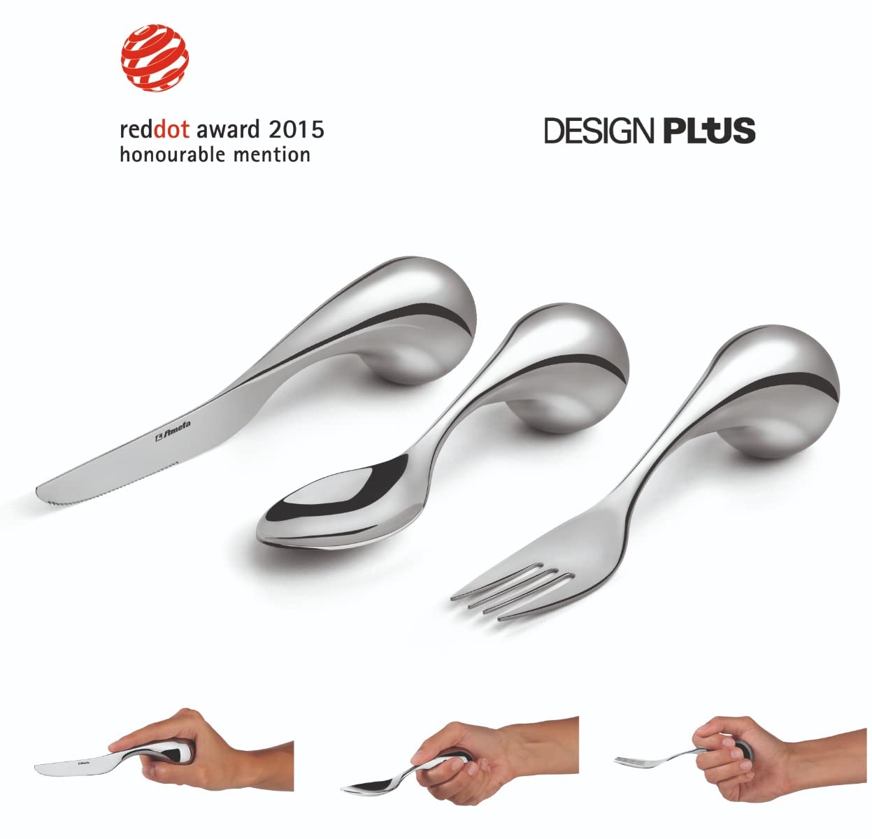 Amefa INTEGRALE Set di posate da 3 pezzi, design ergonomico per un comfort particolare, posate ideali per persone con limitazioni motorie, acciaio inox 18/10 di alta qualità lucidato