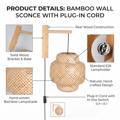 Image of Farmhouse Rattan Plug in Wall Sconce for Bedroom, Bamboo Hanging Wall Lamp