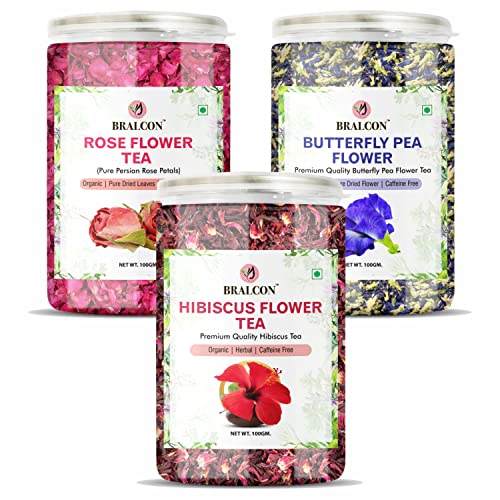 Image of BRALCON Herbal Tea Combo Pack (300g) | 100g x 3 Packs | Hibiscus, Butterfly Pea & Rose Flower Infusion | Caffeine-Free Natural Dried Petals for Brewing