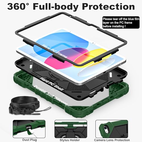 Image of WESOROL Case for iPad (A16) 11th /10th Generation 2025 /2022 with Screen Protector Rotating Stand Pencil Holder iPad Case 10th Generation Shockproof Cover for iPad 11th /10th Gen Cases,Green Black