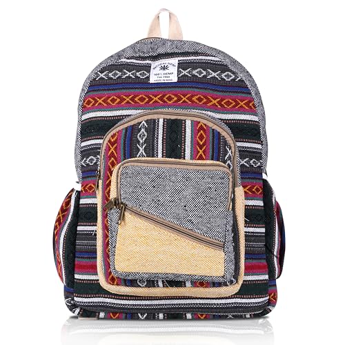 Marubhumi Mochila pequena e leve de cânhamo Bohemain do Himalaia Bohemain para viagem e caminhada, Zíper múltiplo, Large-17x12 inches, Mochila de cânhamo