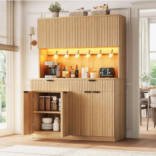 Image of Fluted Kitchen Pantry Storage Cabinet with Charging Station & LED Lights,71 inch Tall Kitchen Hutch with Microwave Stand, Adjustable Shelves,Storage Doors for Dining Room Living Room (Natural, 47*15.7*71)