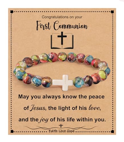 Image of Cross Bracelets for Women, Christian Gifts for Women Stocking Stuffers for Teens Cross Bracelet Imperial Nature Stone Bead Bracelet Confirmation Baptism Gift for Teen Girls Christmas Religious Gift Cathlic Faith Jewelry