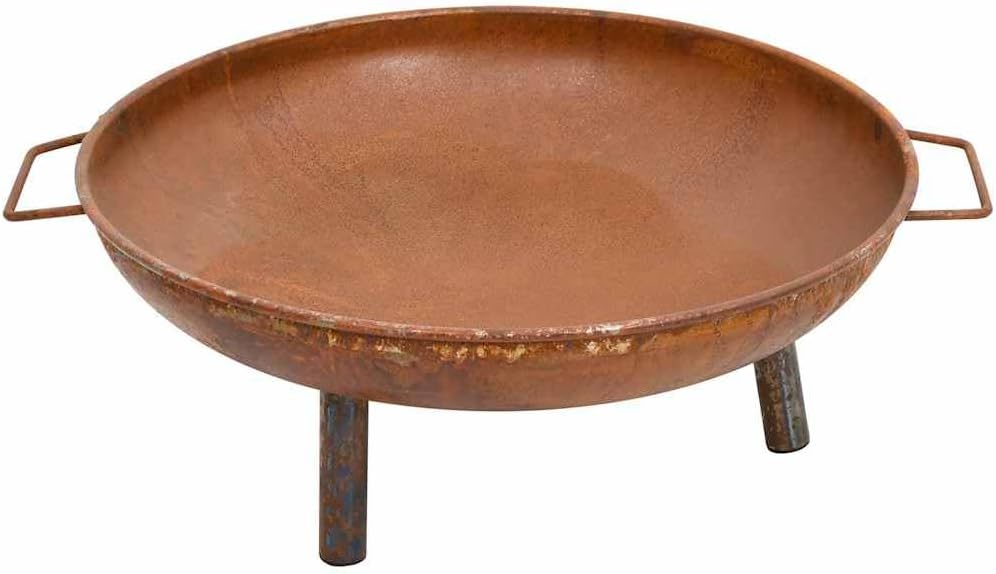 vidaXL Outdoor Steel Fire Pit with Handles - Portable for Patio/Garden - Rustic Brown Finish - Cooking Grid Compatible (not Included) for BBQ