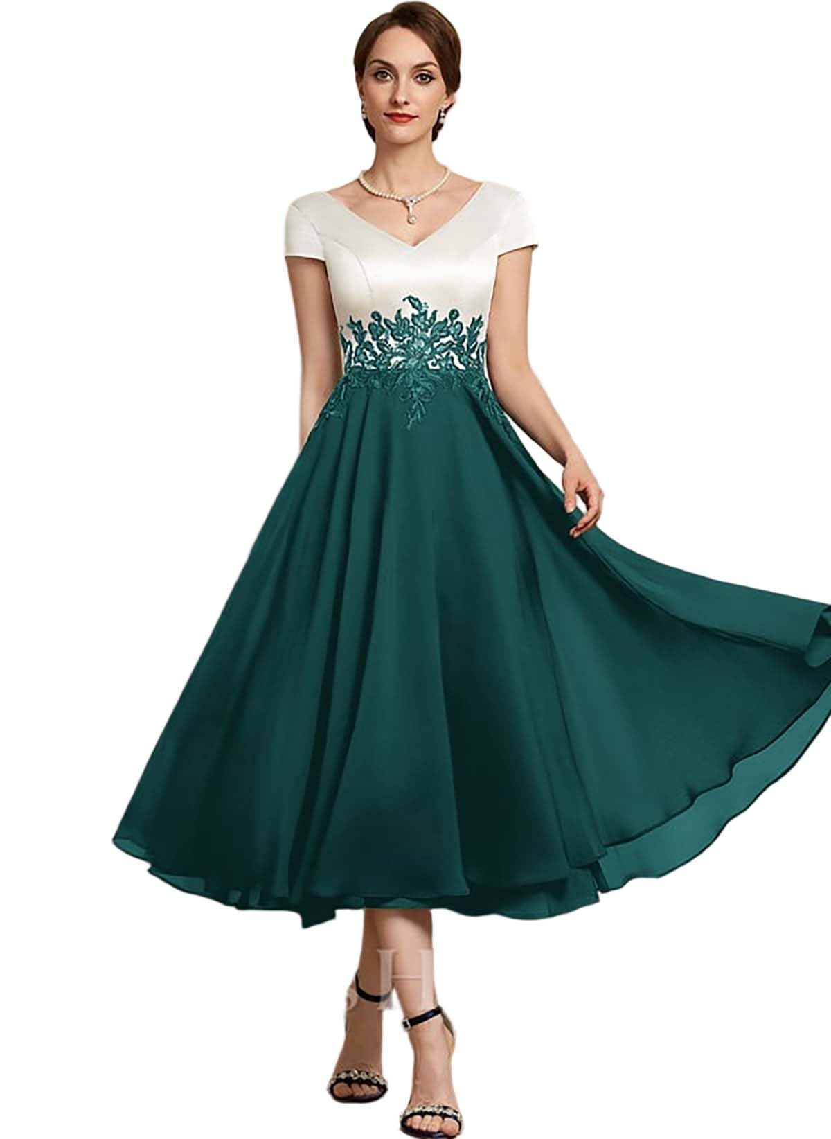 HUINI Damen Brautmutterkleider für Hochzeit Tee Länge V-Ausschnitt Chiffon Applikationen Spitze Hochzeitsgastenkleid formelles Abendkleid Elegant Für Hochzeit