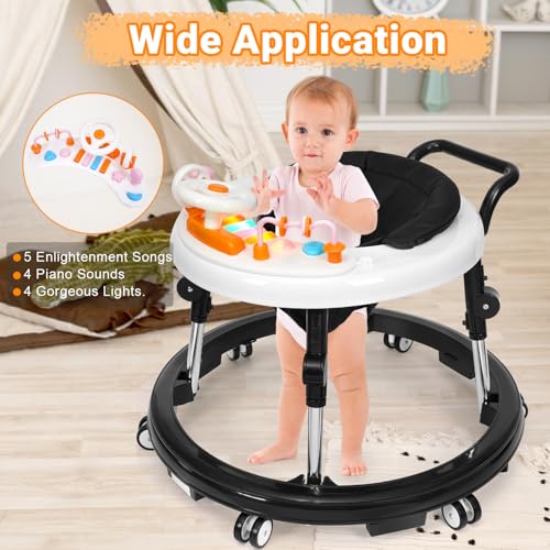 music and lights baby walker foldable with 9 adjustable heights baby walker with wheels portable infant toddler walker for baby boy girls 6-18 months