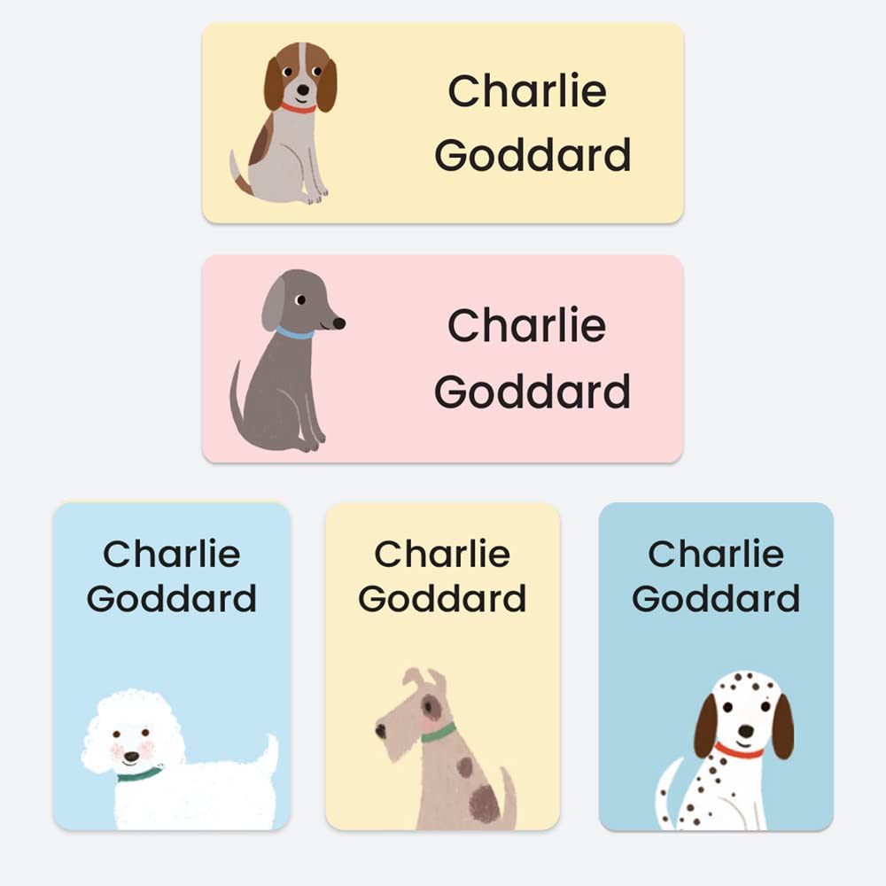 43 x Mixed Pack No Iron Personalised Stick On Waterproof Washable Name Labels Clothes, School Uniform, Equipment, Shoes and More. School, Nursery, Day Care, Hospital - Cute Dogs