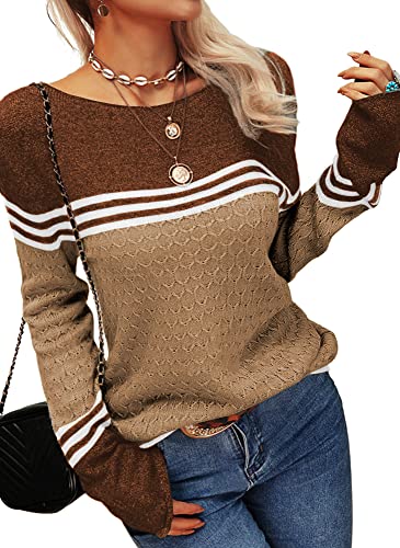 Image of Danedvi Womens Fall Fashion 2026 Sweaters Colorblock Lightweight Striped Crewneck Winter Trendy Pullover Tops