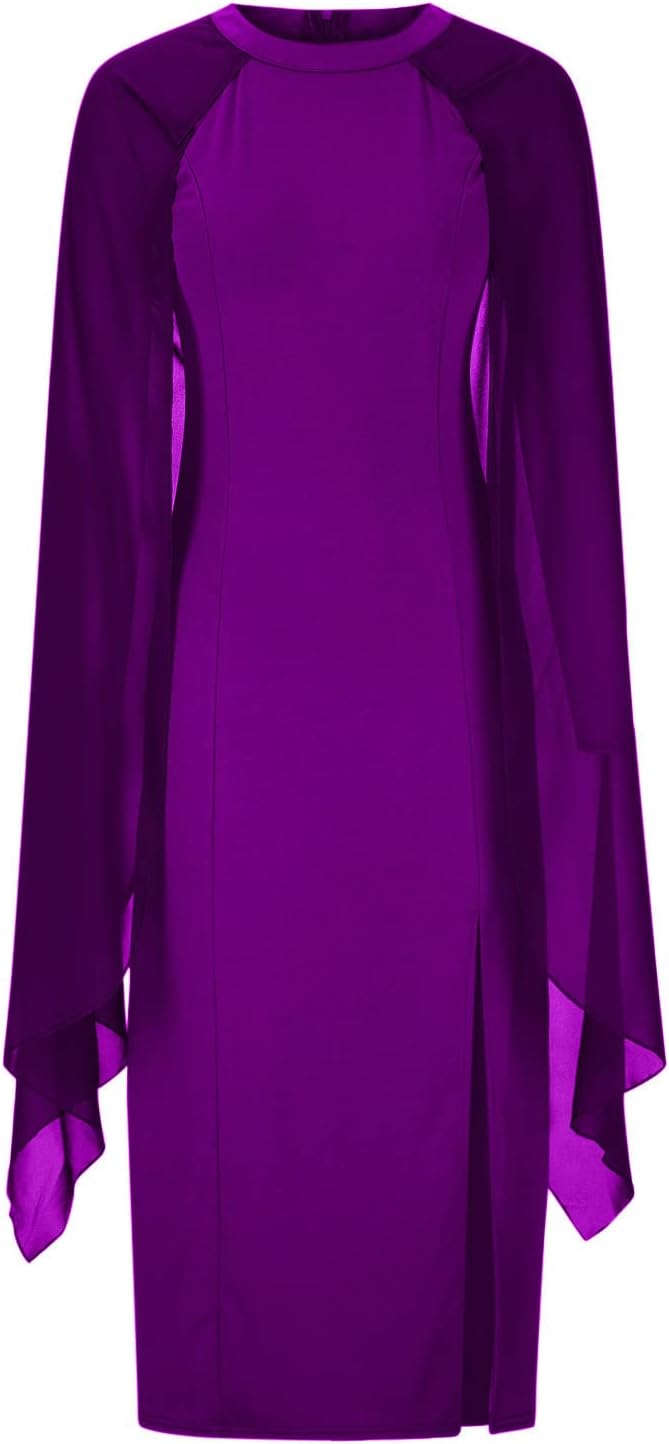 HGps8w Women's High Split Chiffon Flowy Dresses Elegant Flare Sleeve Formal Evening Gowns Maxi Dress with Cape