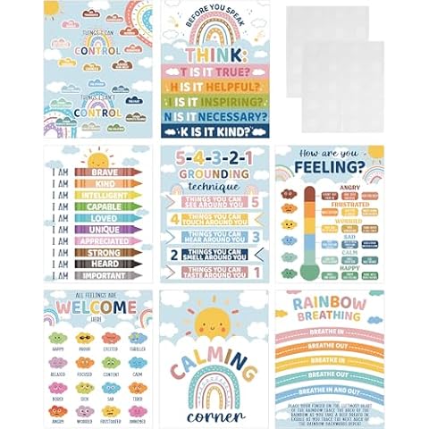 MENIFEND Calm Down Corner Posters: 8 Pcs Boho Calming Corner Supplies Feelings Chart Posters for Kids Toddlers Students, Elementary School Classroom Decor Classroom Must Haves for Teachers Cover