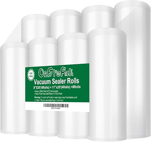 O2frepak Paquete de 8 rollos de 8 x 20 pies (4 rollos) y rollos de 11 x 20 pies (4 rollos) de bolsas selladoras al vacío sin BPA, rollos de bolsas