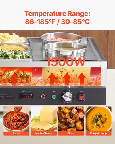 Image of VEVOR Electric Soup Warmer, Two 6.34QT Pots & Three 1 /3 Pans, Stainless Steel Commercial Food Warmer with 86~185F Adjustable Temp, 1500W Bain Marie, Soup Station for Restaurant, Buffet