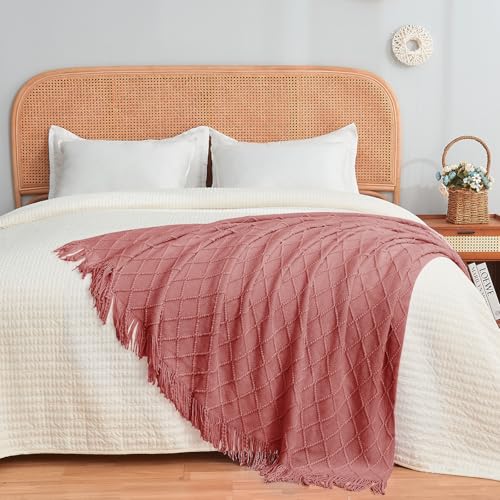 inhand Knitted Throw Blankets for Couch and Bed, Soft Cozy Knit Blanket with Tassel, Coral Pink Lightweight Decorative Blankets and Throws, Farmhouse Warm Woven Blanket for Men and Women, 60"x80"