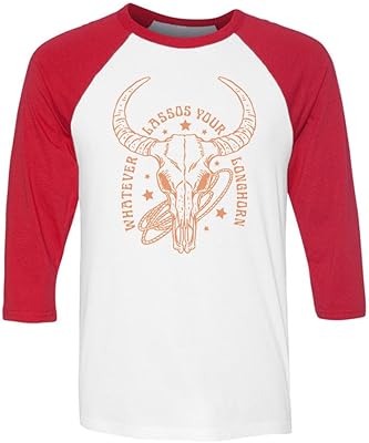 TeesAndTankYou Whatever Lassos Your Longhorn Three-Quarter Raglan Sleeve Baseball Shirt Unisex Large White/Red