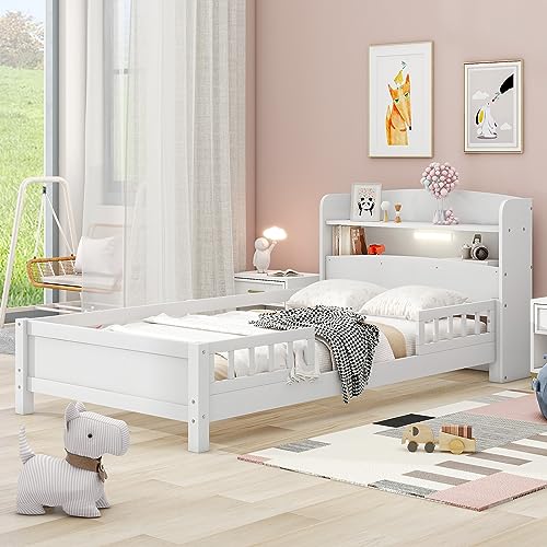 Wood Twin Size Platform Bed with Built-in LED Light Kids Bed Frame with Storage Headboard and Guardrail, White