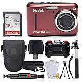 Kodak PIXPRO FZ43 16.15MP Digital Camera with 4X Optical Zoom + SanDisk 16GB Ultra SDHC 80MB/s Memory Card (Class 10) + Point & Shoot Camera Case + Extendable Monopod + Accessories (Red)