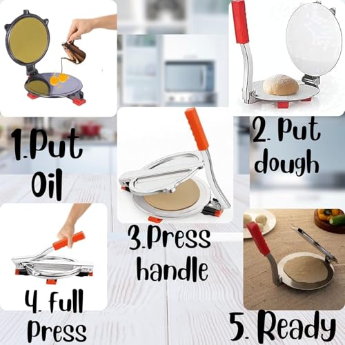 Image of Stainless Steel 6.69-inch Roti Press Maker - Manual Hand Press for Chapati, Puri, Khakhra, Papad, Pathiri - Durable Silver Construction with Easy-Use Handle @