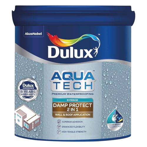 Image of Dulux Aquatech DampProtect 2-in-1 Basecoat - Heat Resistance Paint for Summer Cool Roof, Exterior Waterproofing for Walls & Terrace Roof, Crack Bridging, 10C Cooling, 8 Yr Warranty - 4 L