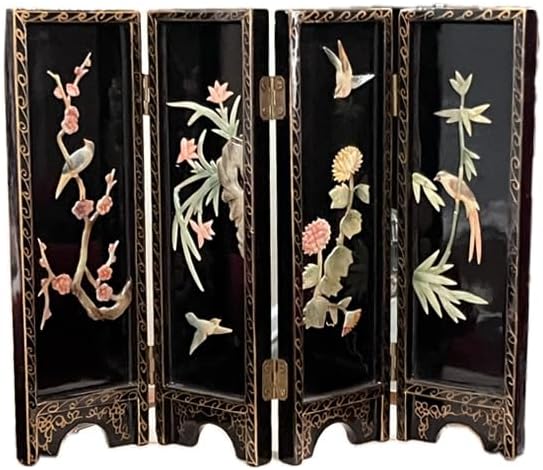 14" Bird Mother of Pearl Folding Screen Black Lacquer Panels