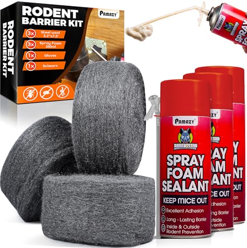 [Upgraded] Rodent Barrier Kit 3Pcs Steel Wool Included 3Pcs PU Spray Foam for Mice Control 3.2x7.5 Rodent Control Fill Fabric Gloves Scissors Gap Blocker in Hole Pipeline Vent in House Garage