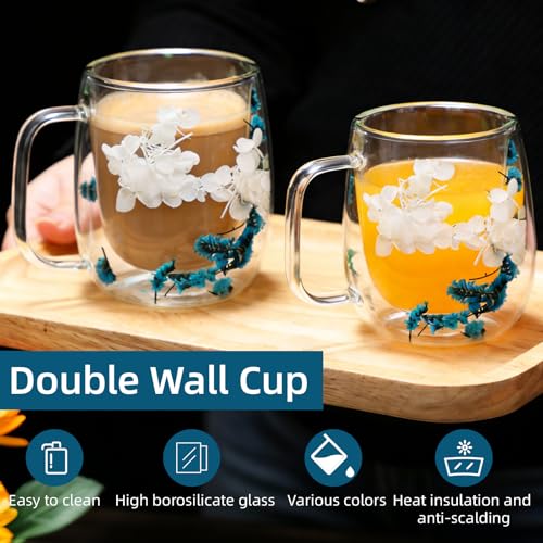 Taza de vidrio doble pared con flores secas, azul, 13.1oz miniatura 5