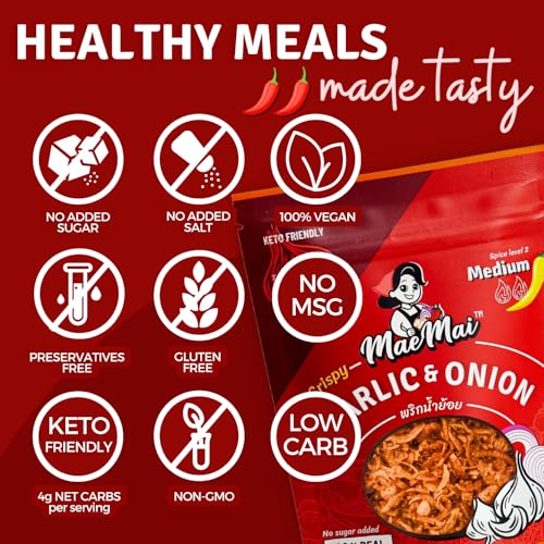 MaeMai Medium Spice (SPICY) - Crispy Onions & Garlic Flakes - Crunchy All-Purpose Seasoning, Keto, Salad Toppings, Fried Onions - Ramen, Rice Seasoning, Vegan, Gluten-free | 2.65oz (75g)