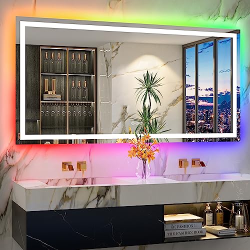 Image of 72x36 Inch RGB LED Bathroom Mirror Front Light and RGB Backlit Lighted Vanity Mirror for Bathroom Wall Mounted Dimmable Anti Fog Memory Shatter-Proof IP54 Waterproof Horizontal /Vertical