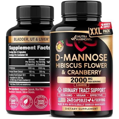 D-Mannose 2000mg with Cranberry & Hibiscus - Clinically Tested Strength for Urinary Tract Health - Supplement for Women - Bladder, Liver & Microflora Support - Made in USA - Vegan, 240 Capsu