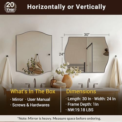 Image of ANDY STAR 24 inchx30 inch Scalloped Mirror for Bathroom，Polished Chrome Rectangle Wall Mirror with Curved Edge Stainless Steel Metal Frame, Wall-Mounted Mirror for Bathroom, Entryway, Living Room