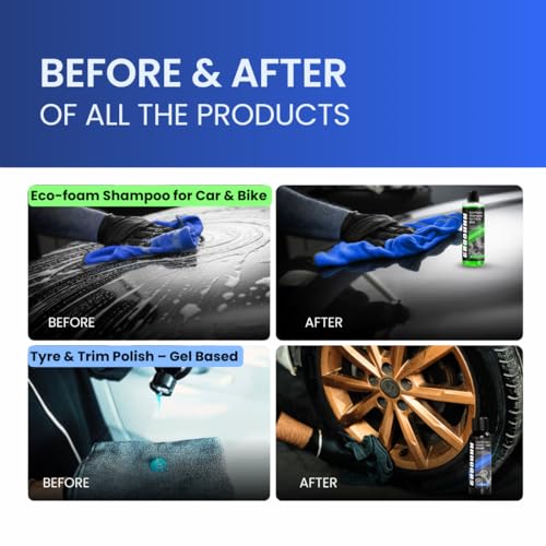 Image of GROOMMM Shampoo, Windshield Washer, Tyre & Trim Gel, Car &Bike Polish, Dashboard Polish Car Care Kit(100ml x5)|Car Polish Sponge & Microfiber Cloth (300 /600GSM)|Interior & Exterior Car Cleaning Kit