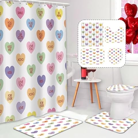 MEHOFOND 4pcs Valentines Shower Curtain Set Colorful Conversation Hearts Shower Curtain Sets for Valentine's Day Heart Candy Bathroom Decor Curtains with Non-Slip Rugs Toilet Lid Cover and Bath Mat Cover