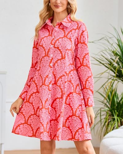 Image of Women's Printed Button Down Shirt Dress Long Sleeve Belted Mini Dress