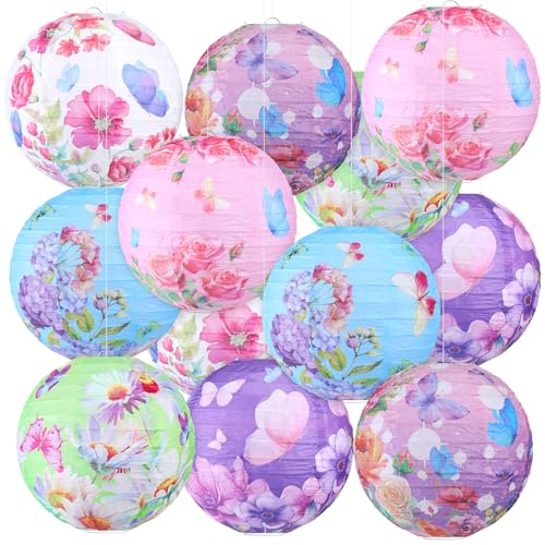 Panelee 12 Pcs Butterfly Floral Paper Lanterns Party Decorations 8 Inches Hanging Round Pink Purple Flower Paper Lanterns for Summer Tea Party Baby Shower Wedding Bridal Ceiling Decor Supplies