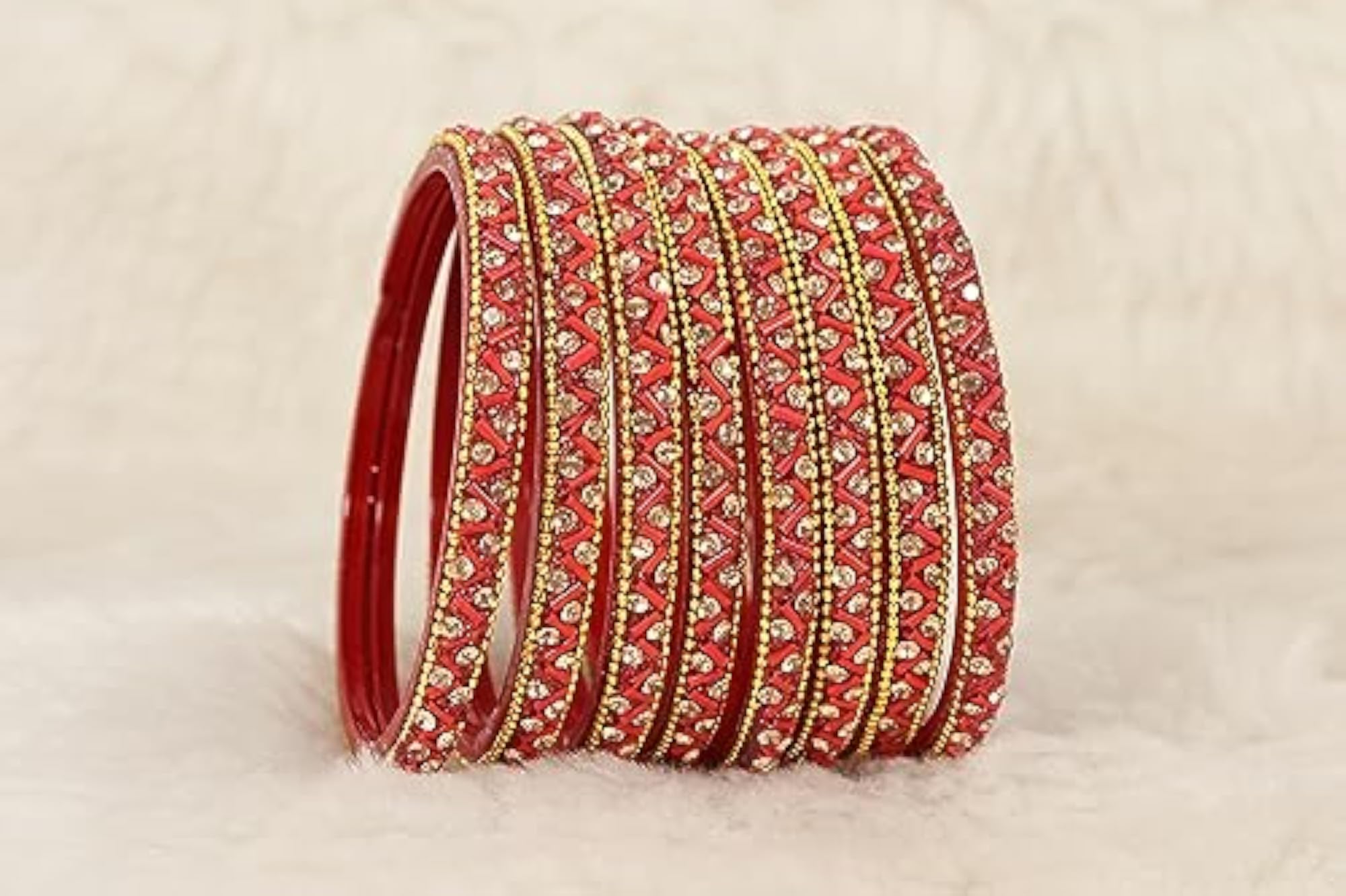 Glass Bangles Set with Zircon Gemstone & Beads (Pack of 8)