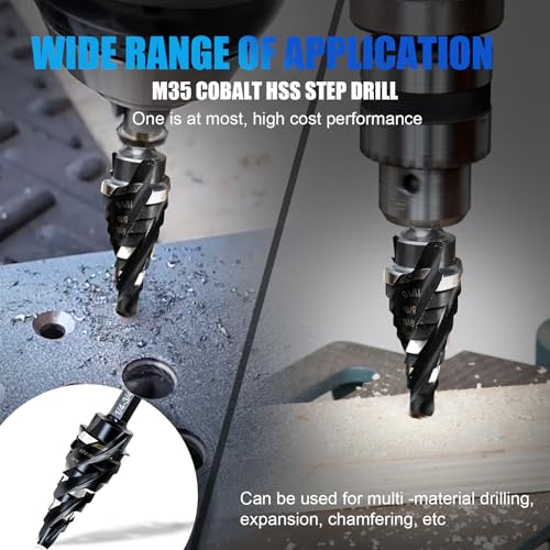 Boyouys STEP-M2 M35 Four Spiral Flute Step Drill Bit Set 1/4 Inch-3/4 Inch (9 Sizes), 1/4 Inch Hex Shank Unibit Step Drill Bit, Impact Resistant M35 Cobalt Step Drill Bit, For Stainless Steel thumb #6