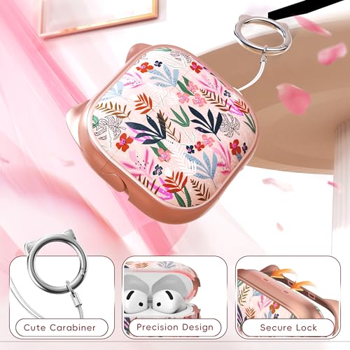 Image of for AirPods 4 Case with Cleaning Kit, Cute Cat Ear Print Design & Cute Buckle, Inverted Phone Holder Design, Top Safe Lock Buckle Design, for Girls AirPods 4 case 2024, Rose Gold Leaves