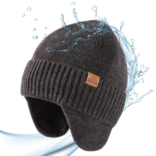 Image of TOP-EX DryKnit Unisex 80% Merino Wool Waterproof Beanie with Ear Flap Warm Winter Fleece Lined Beanie Hat M /L /XL