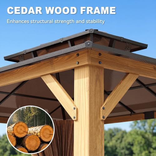 Image of Aoxun 10' x 12' Outdoor Wood Gazebo with Double Polycarbonate Top, Hardtop Gazebo Permanent Wooden Pavilion with Breathable Netting and Privacy Curtain for Patio, Garden, Deck, Cedar Wood, Natural