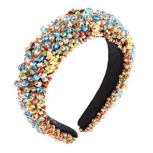 Rhinestone Padded Headband Bejewelled Crystal beaded Wide Velvet Hairband Hair Hoop Party Wedding Headwear Hair Accessories For Woman Girls (rainbow)