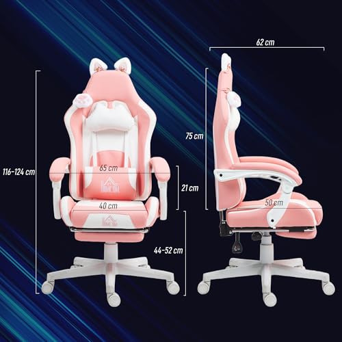 Sedia Gaming Ergonomica con Orecchie da Gatto, Poltrona Gaming Ufficio Reclinabile in Finta Pelle con Poggiapiedi, Poggiatesta e Altezza Regolabile, Supporto Lombare e Cervicale, Rosa - Sedia gaming - Immagine 2