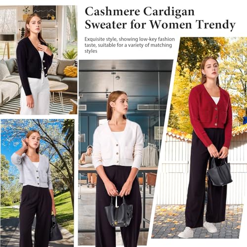 Image of Simple&Opulence Women's Cashmere Cardigan Sweater, Cashmere Long Sleeve V Neck Open Front Cardigan with Pocket