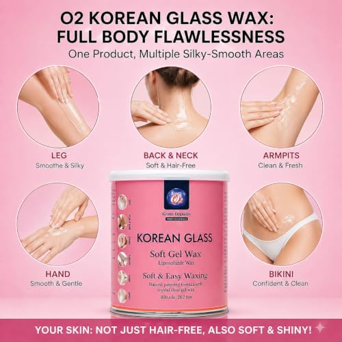 Image of O2 Green Organics Korean Glass Pink Soft Gel Liposoluble Wax for Hair Removal & De-Tan - Professional Moisturizing Painless Hair Removal with Shea Butter, Beeswax & Vegetable Oil for Silky Smooth Skin, All Skin Types, Salon Quality 800ml