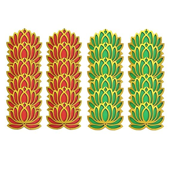 Image of Sanvatsar Home White Golden Lotus 4 Inch Set of 24 Wooden Cutout DIY Rangoli Kit | Decorations for Diwali, Dusshera Wedding Rangoli, Pooja, Decorations, Festival Gift (Red12Green12)