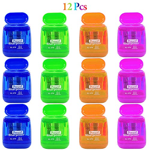 12 Pcs Double Holes Manual Pencil Sharpener-Handheld Plastic Crayon Sharpener With Lid For School, Office And Home Supplies #TOP23