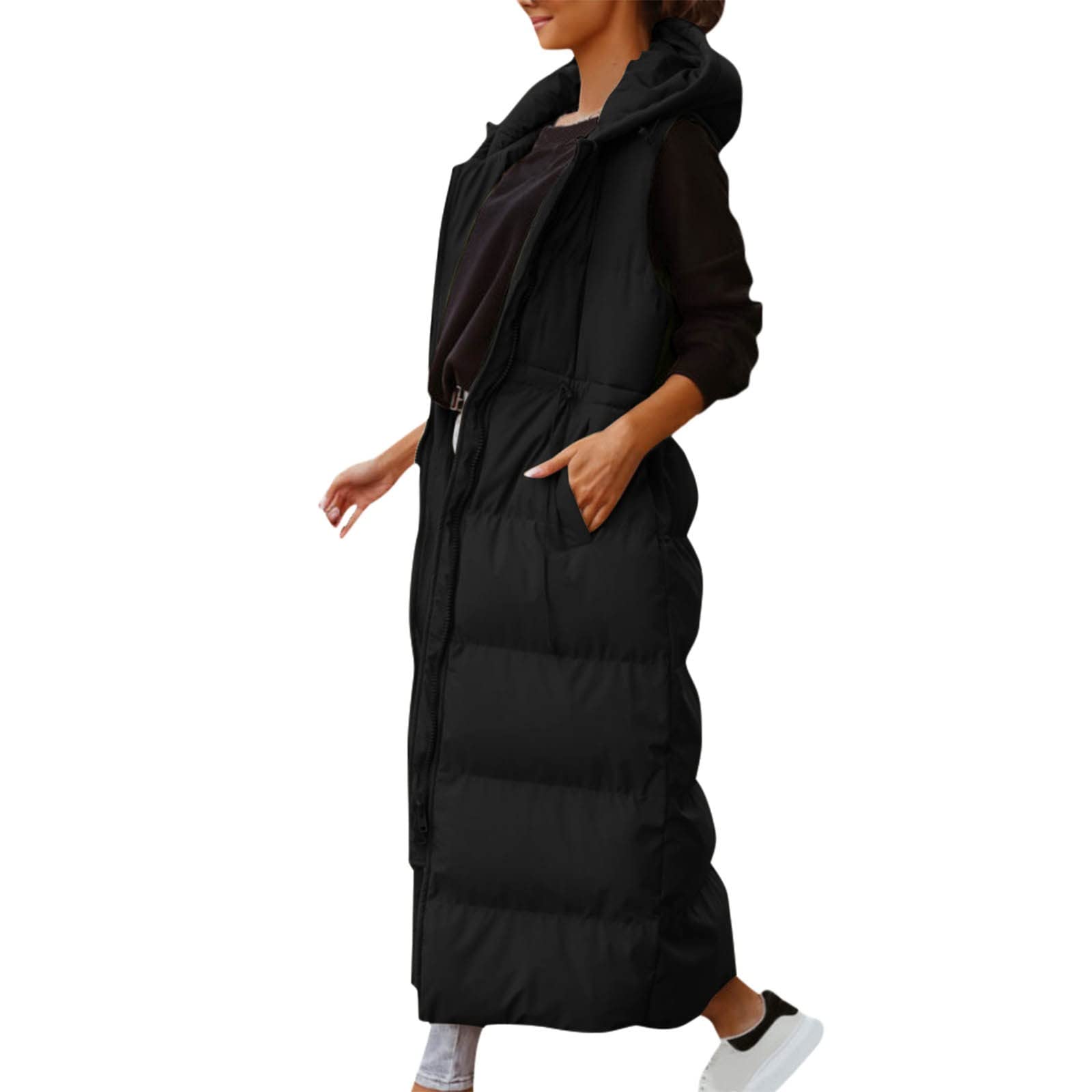 Damen Winter Ärmellose Mantel Weste Langer Hoodie Warmer Daunenmantel mit Taschen Outdoor Jacke Lange Weste mit Reißverschluss Damendaunenjacke