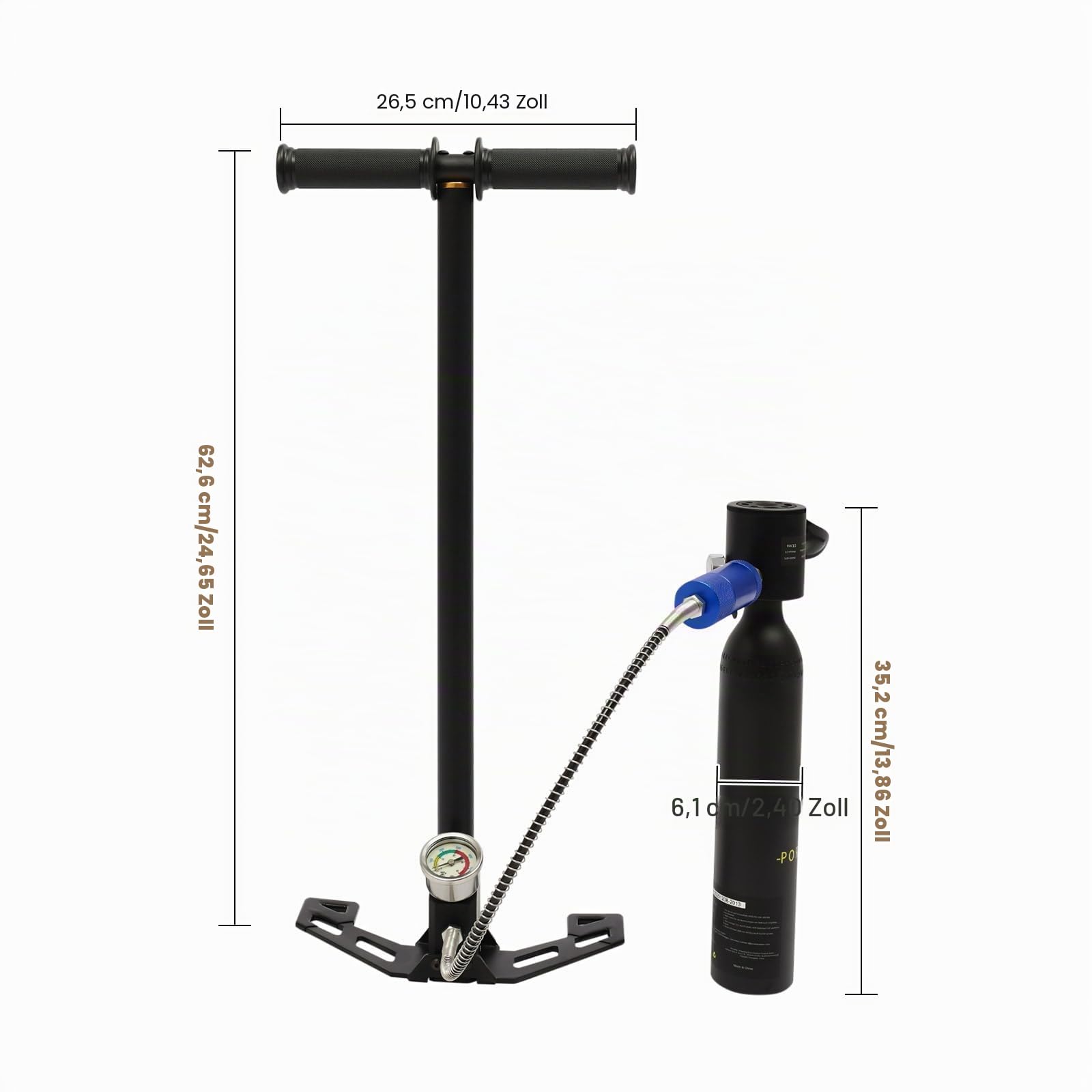 Mini Tauchflasche 0,5L, Sauerstoffflasche, Taucherflasche 200 bar, Nutzungsdauer 5-10 Min, Tiefe bis 10m, Inkl. Hochdruck-Handpumpe, Manometer, Für Schnorcheln Bootsreinigung Notfall