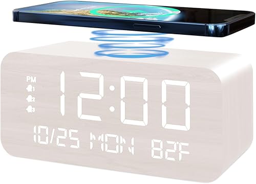 JALL Reloj despertador digital, con pantalla LED electrónica de madera, 3 ajustes de alarma, carga inalámbrica de 10 W, día de la semana, detección