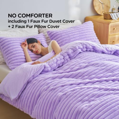Image of Besfunny Lavender Plush Comforter Cover Full Size ,Fluffy Striped Bedding 2pcs Set(1 Fuzzy Duvet Cover + 1 Fur Pillow Cases ) Faux Fur Luxury Bed Set (Lavender, Twin)