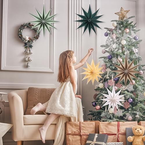 Image of 12 Inches 5 PCS Sage Green Paper Star Lanterns Hanging Stars Christmas Party Decorations Hanging Lampshade Christmas Wedding Birthday Christmas Home Party Decorations(12 Pointed)