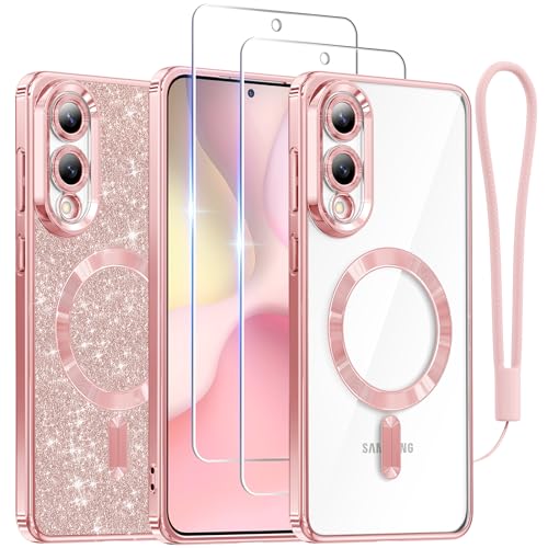 Meifigno Designed for Samsung Galaxy S25 Edge Case, [Compatible with MagSafe] [2X Screen Protectors] [Glitter Card & Wrist Strap] Surround Raised Lens Protection Slim Case for S25 Edge 6.7', Rose Gold